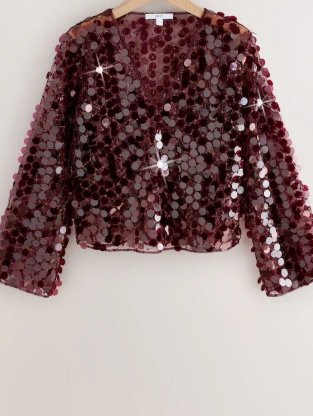 Large Circular Sequin V-Neck Jacket in Deep Burgundy
